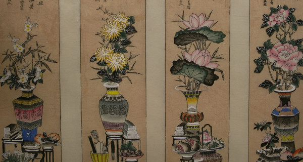 博古花瓶四条屏
